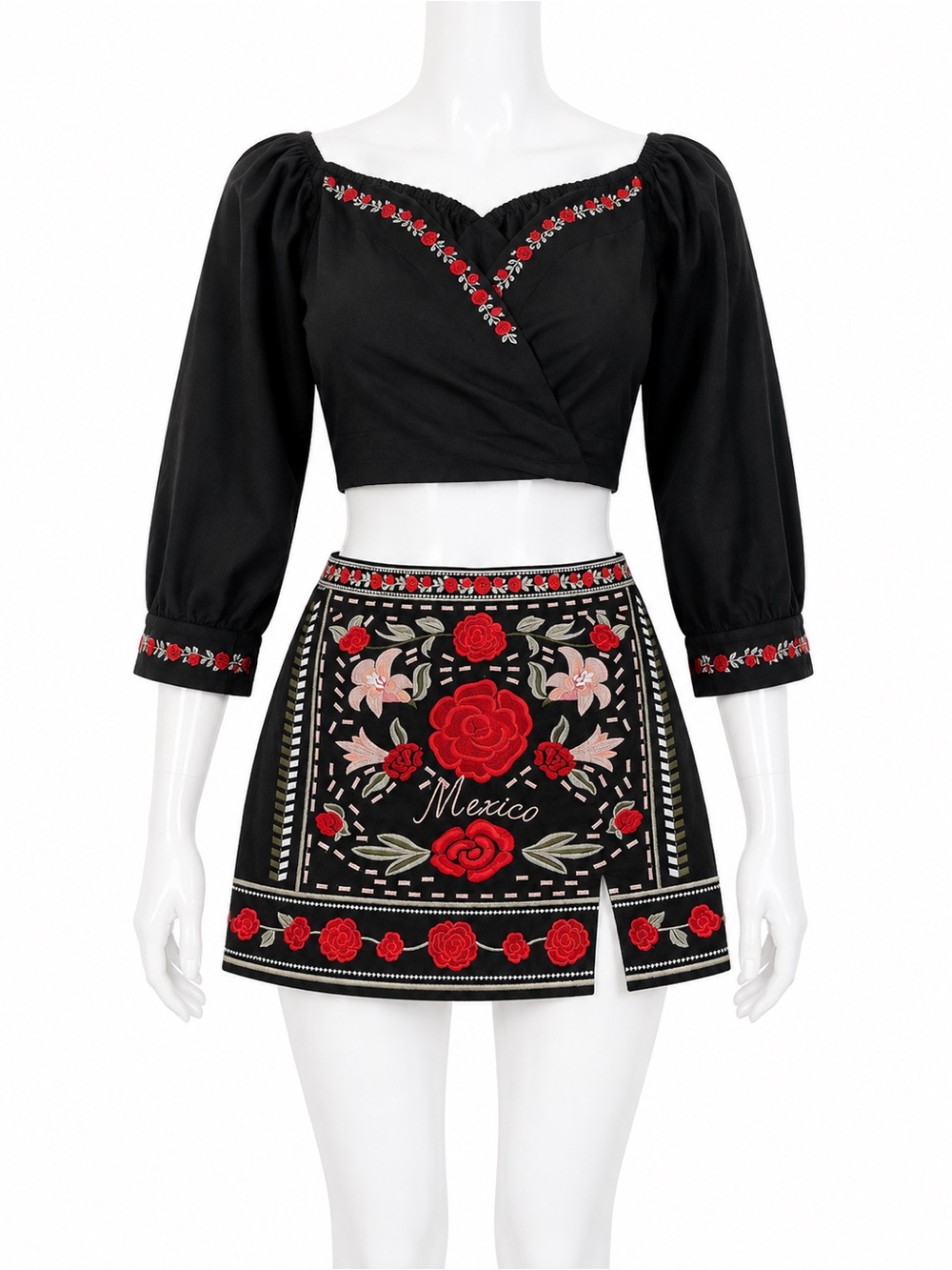 Black Embroidered Top and Skirt with Red Floral Motif